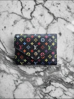 Multicolor Monogram Black Trifold Card Wallet
